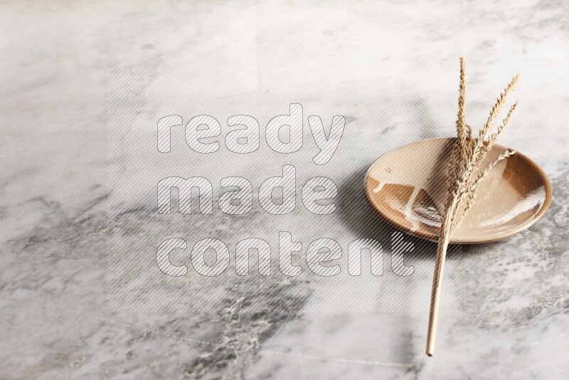 Wheat stalks on multicolored pottery plate on grey marble background