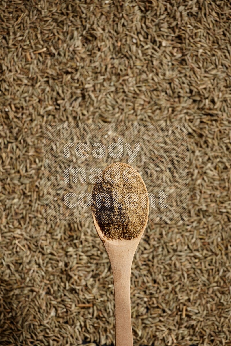 A wooden spoon full of cumin powder on a cumin seeds background