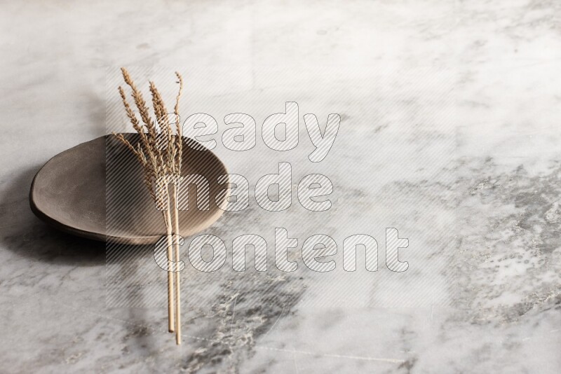 Wheat stalks on multicolored pottery plate on grey marble background
