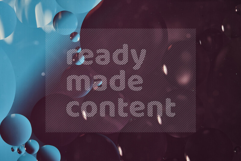 Close-ups of abstract oil bubbles on water surface in shades of blue and purple