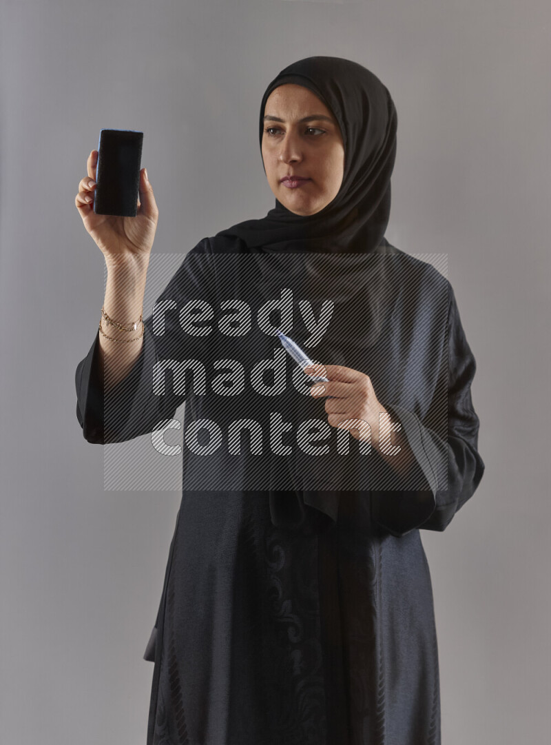 Woman in black abaya and hijab holding a marker pen to write on a transparent board with different reactions and expressions on grey background
