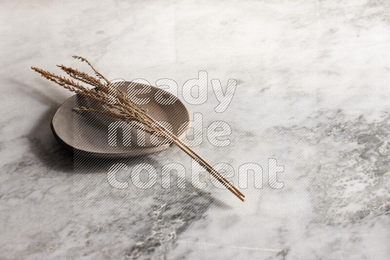 Wheat stalks on multicolored pottery plate on grey marble background