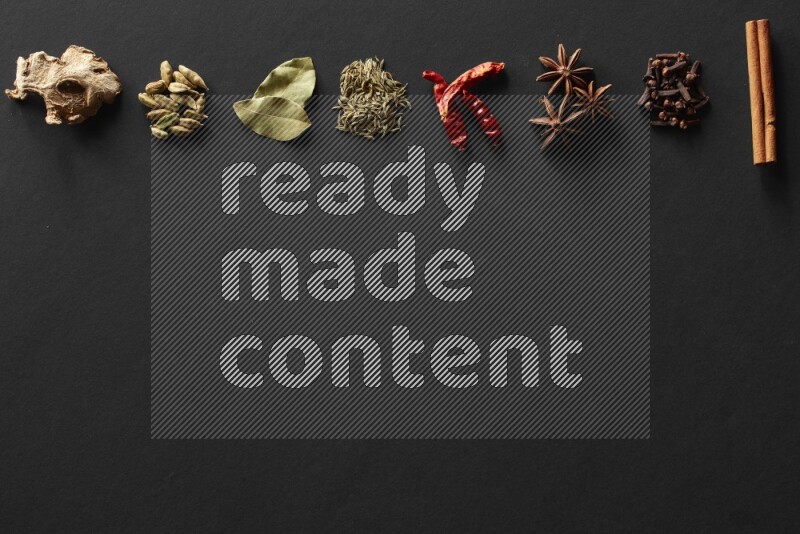 Cinnamon, cloves, star anise, chilis, cumin, laurel leaves bay, cardamom and ginger lined on a black background
