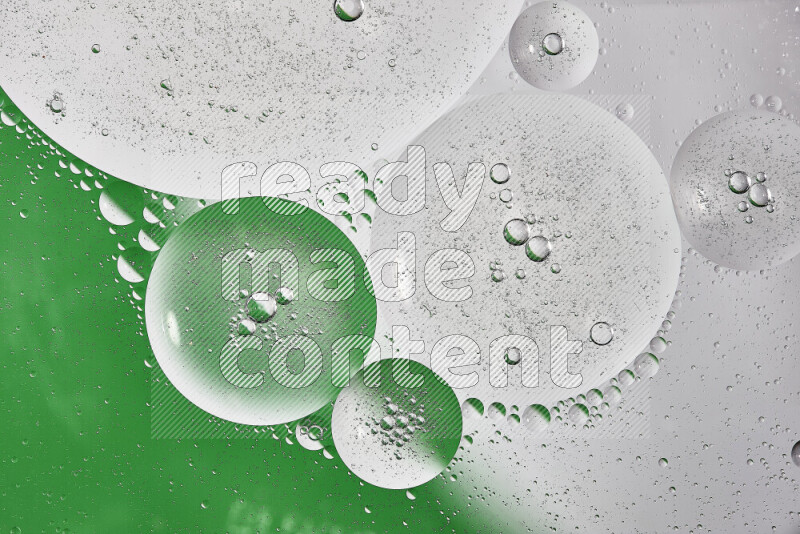 Close-ups of abstract oil bubbles on water surface in shades of white and green
