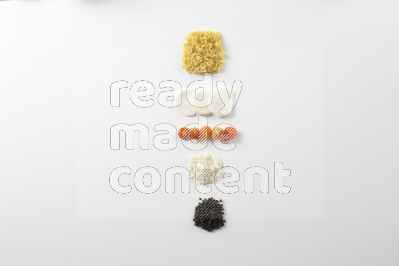 Red sauce pasta recipes ingredients on white background