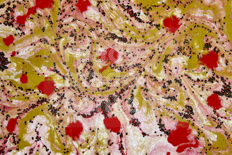 Abstract colorful background with mixed of red, white and gold paint colors with scattered gold glitter