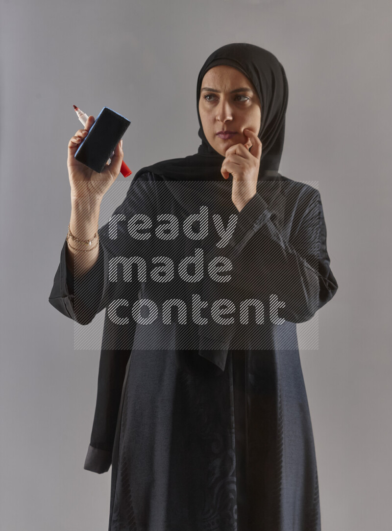 Woman in black abaya and hijab holding a marker pen to write on a transparent board with different reactions and expressions on grey background