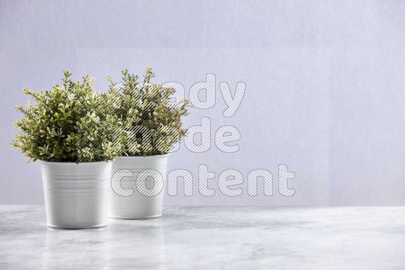 Two artificial plants in white pots on grey marble background