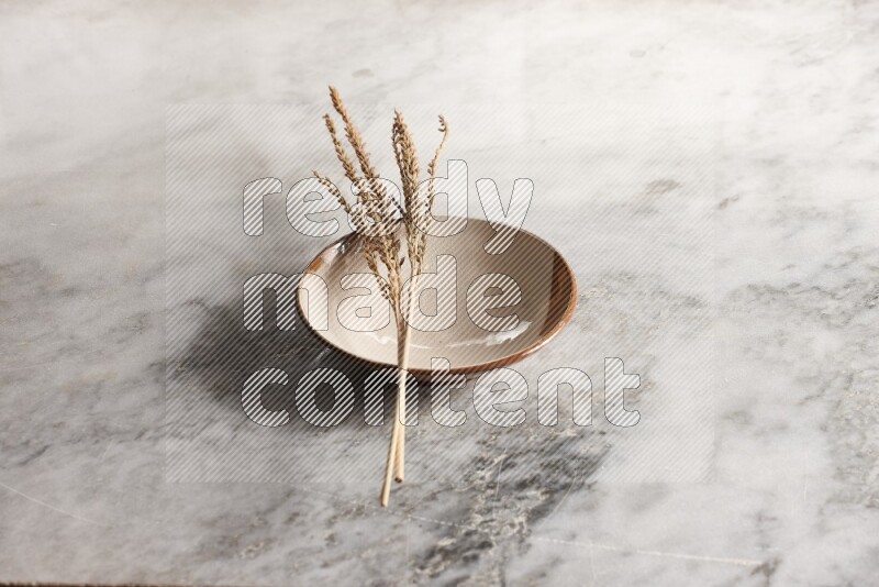 Wheat stalks on multicolored pottery plate on grey marble background