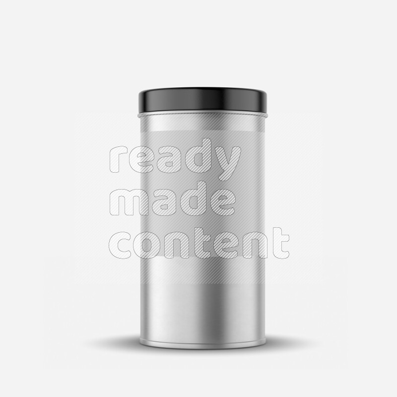 Glossy metal tin can mockup with black metal lid and label isolated on white background 3d rendering