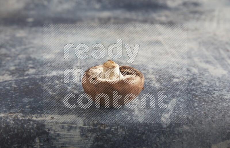 45 degre cremini  mushrooms on a textured rustic blue background