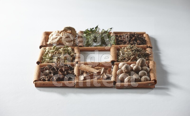 9 squares of cinnamon sticks, the middle square is empty and surrounded with dried mint, dried ginger, cardamom, star anise, cinnamon, nutmeg, dried basil and cloves on white flooring