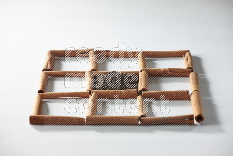 9 squares of cinnamon sticks full of tea in the middle surrounded by nutmeg, dried mint, cloves, dried basil, dried ginger, cinnamon, star anise and cardamom on white flooring