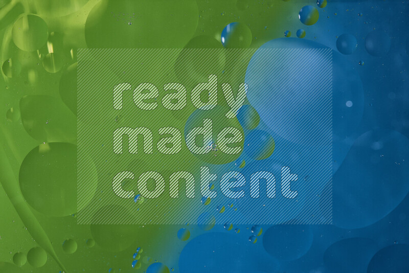 Close-ups of abstract oil bubbles on water surface in shades of blue and green