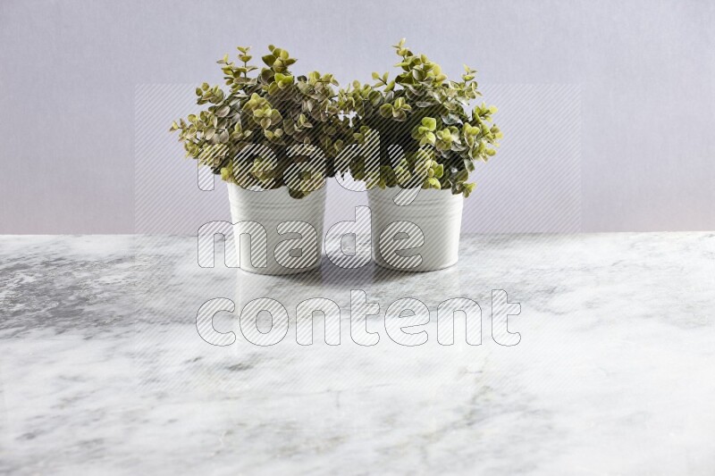 Two green artificial plants in white pot on grey marble background