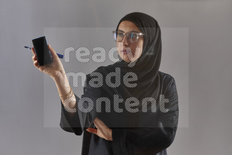 Woman in black abaya, hijab and glasses holding a marker pen to write on a transparent board with different reactions and expressions on grey background
