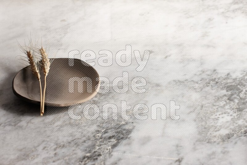 سنابل من القمح علي طبق فخاري متعدد الألوان علي خلفية من الرخام الرمادي