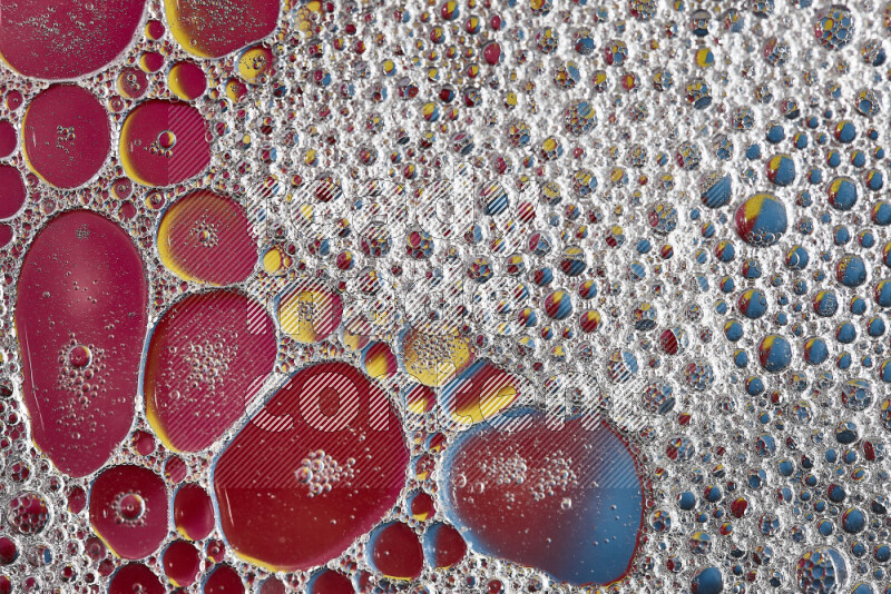 Close-ups of abstract soap bubbles and water droplets on multicolored background