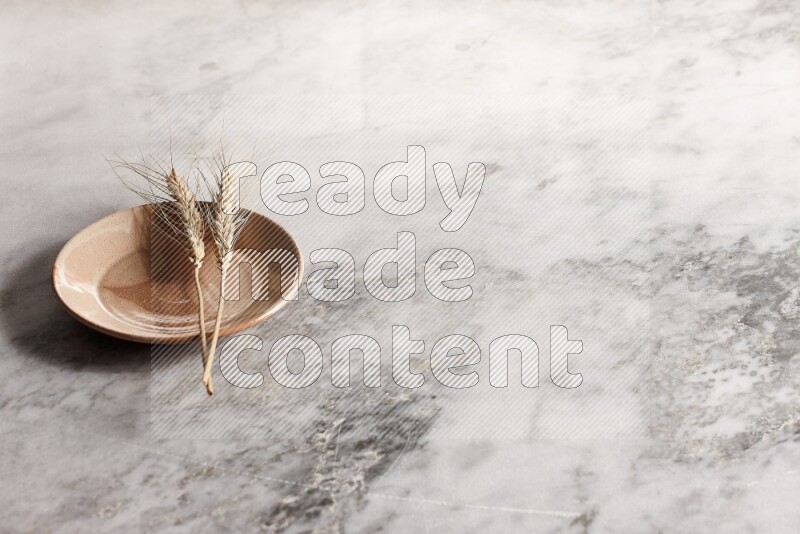 Wheat stalks on multicolored pottery plate on grey marble background