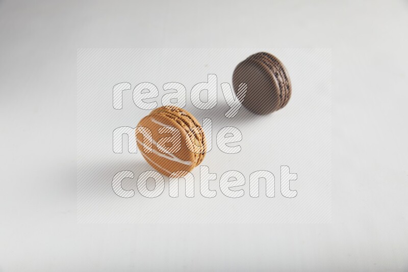 45º Shot of of two assorted Brown Irish Cream, and Brown Dark Chocolate macarons on white background
