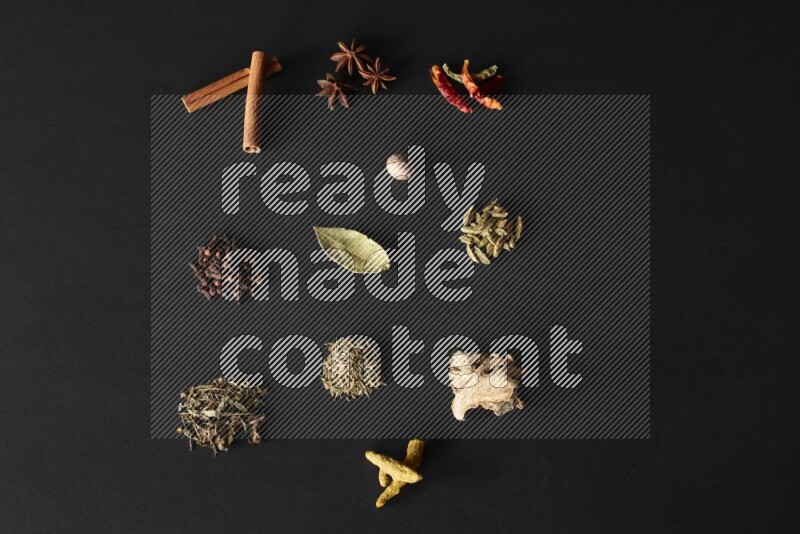 Cinnamon, star anise, chilis, cardamom, nutmeg, laurel bay leaves, cloves, basil, cumin, turmeric and  ginger on a black background