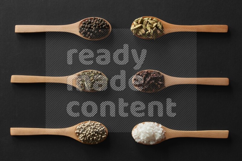 الفلفل الأبيض والقرنفل والهيل والملح والفلفل الأسود وريحان مجفف في معالق خشبية علي خلفية سوداء