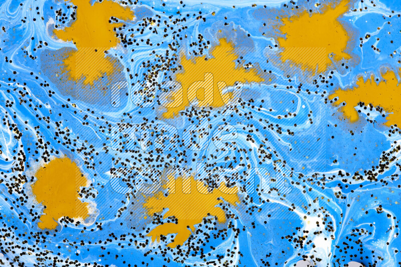 Abstract colorful background with mixed of blue, white and gold paint colors with scattered gold glitter