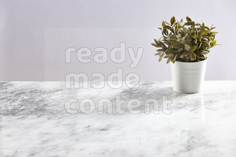 Green artificial plant in white pot on light grey marble background