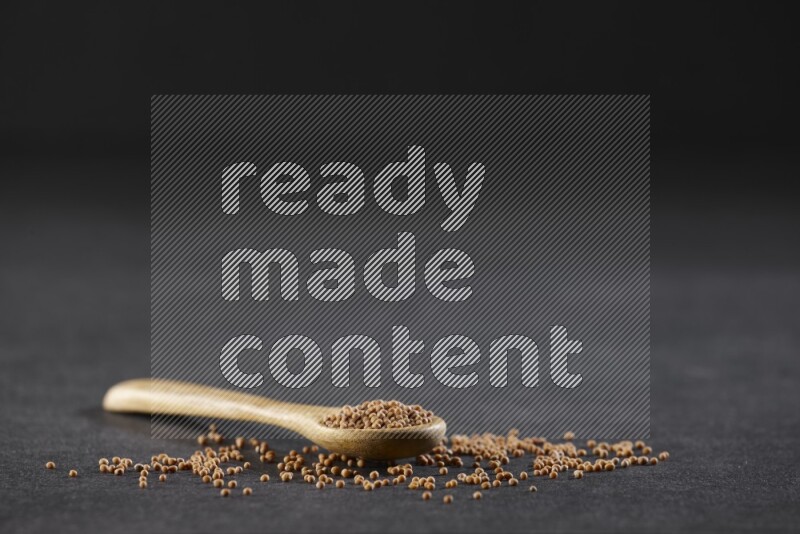 A wooden spoon full of mustard seeds on a black flooring