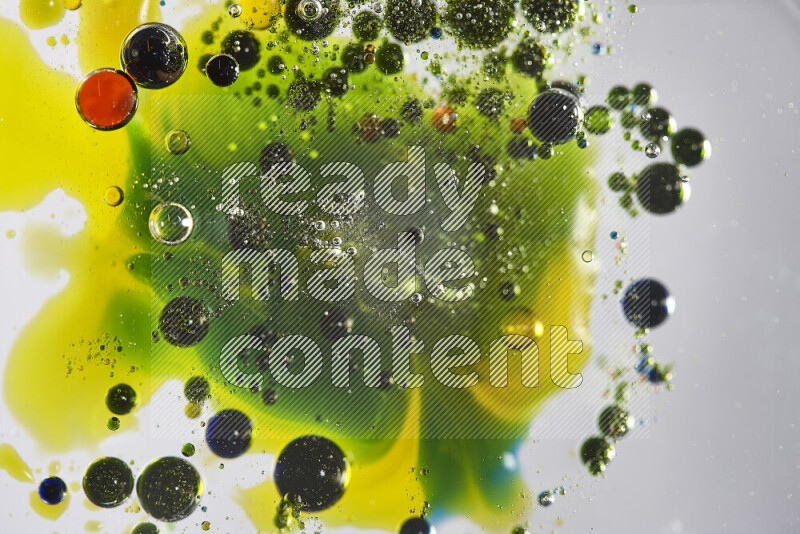 لقطات مقربة لقطرات ألوان مائية حمراء وزرقاء وصفراء وخضراء على سطح الزيت على خلفية بيضاء