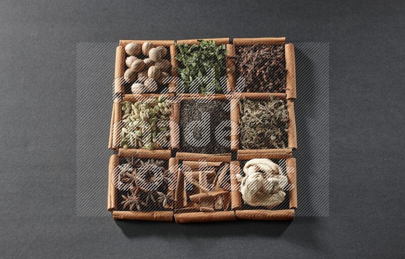 9 squares of cinnamon sticks full of tea in the middle surrounded by nutmeg, dried mint, cloves, dried basil, dried ginger, cinnamon, star anise and cardamom on black flooring