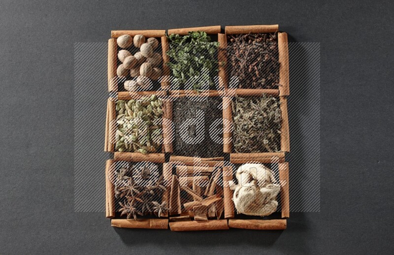 9 squares of cinnamon sticks full of tea in the middle surrounded by nutmeg, dried mint, cloves, dried basil, dried ginger, cinnamon, star anise and cardamom on black flooring