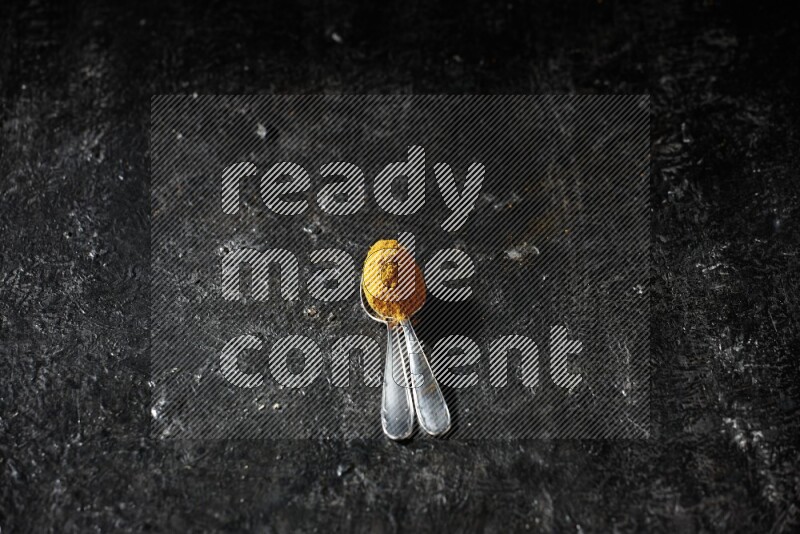 2 metal spoons full of turmeric powder on a textured black background