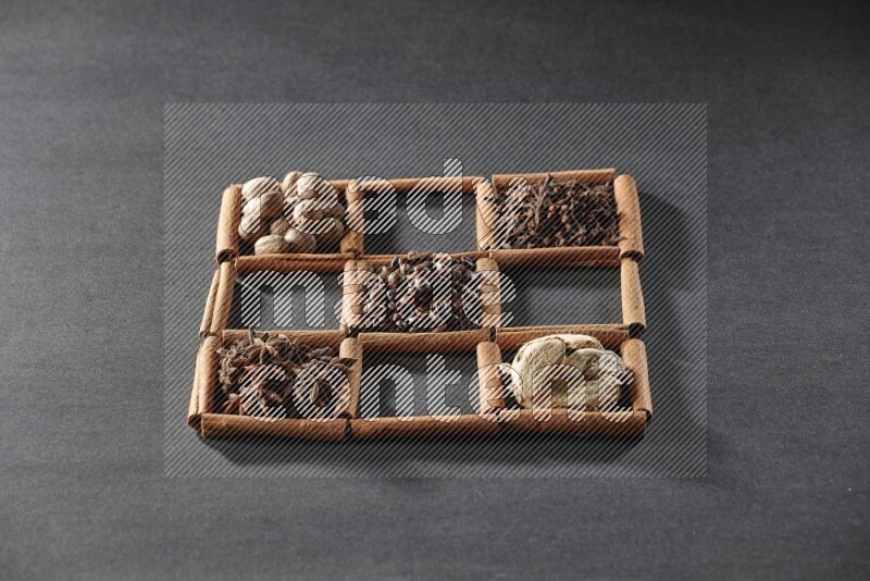 9 squares of cinnamon sticks full of coffee beans in the middle surrounded by nutmeg, dried mint, cloves, dried basil, dried ginger, cinnamon, star anise and cardamom on black flooring