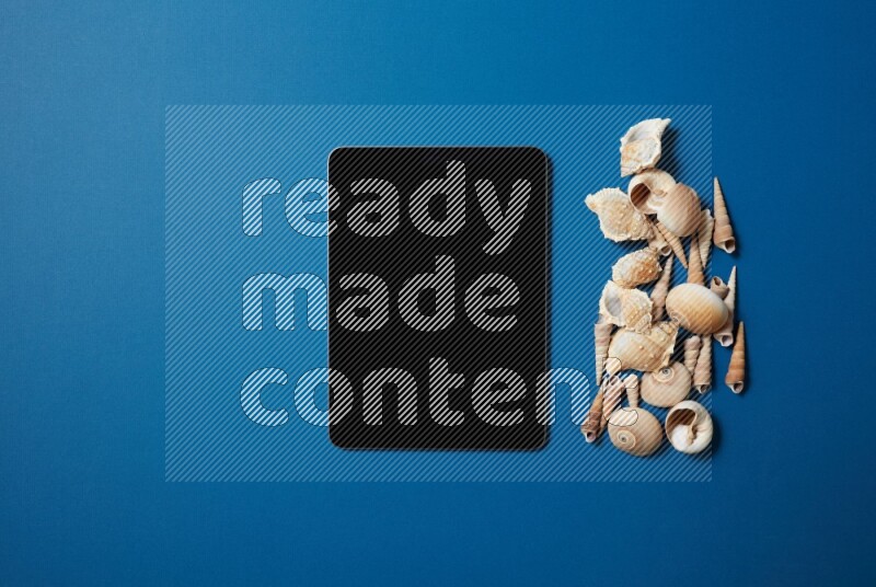 top view shot of a tablet, and seashells on blue background