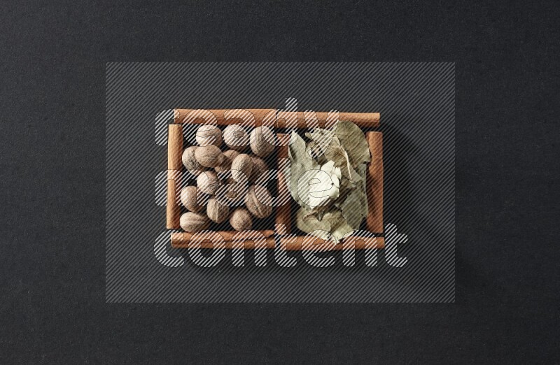 مربعان من أعواد القرفة ممتلئان بجوزة الطيب وأوراق الغار علي خلفية سوداء