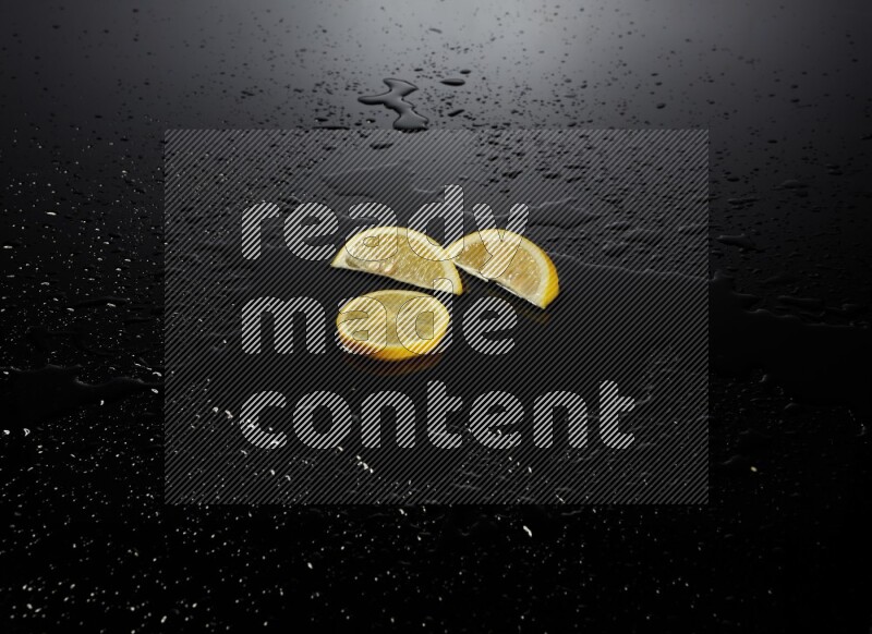 Lemon slices with water drops, and droplets on black background