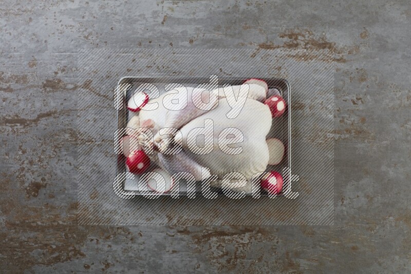 whole Raw chicken on a small oven trey direct on a rustic grey background