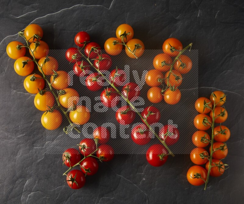 Mixed colors of cherry tomato veins topview on textured vinyl backgrounds