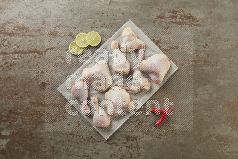 Mixed fresh chicken pieces on a parchment paper direct on a textured rustic background