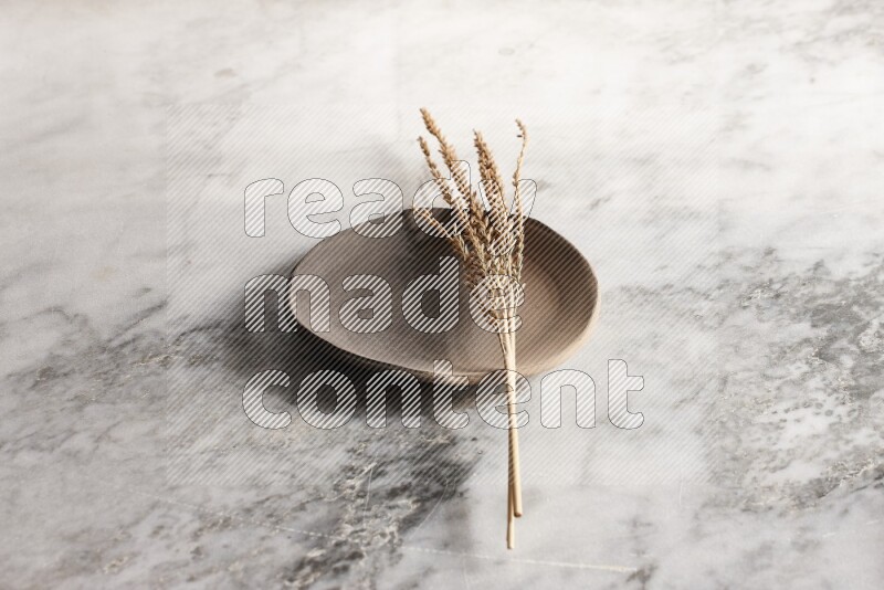 Wheat stalks on multicolored pottery plate on grey marble background