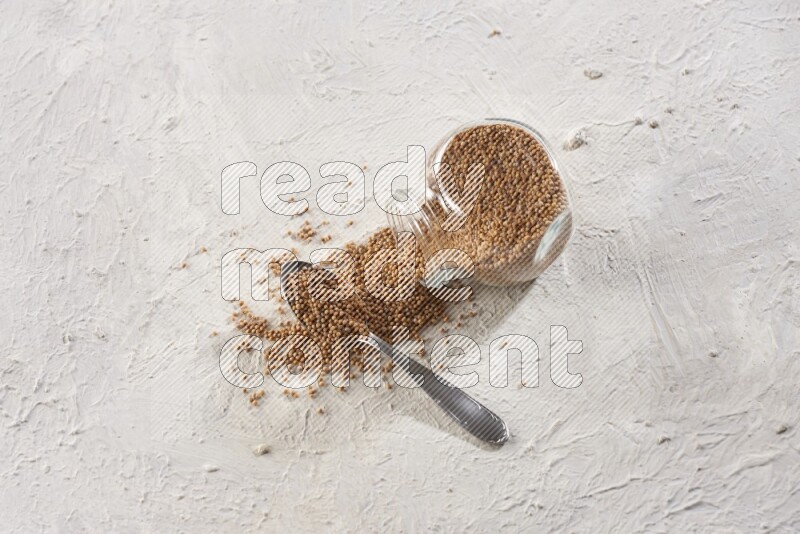 A glass spice jar and a metal spoon full of mustard seeds and jar is flipped with fallen seeds on a textured white flooring