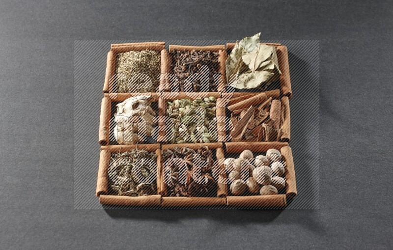9 squares of cinnamon sticks full of cardamom in the middle surrounded by nutmeg, cinnamon, bay laurel leaves, cloves, cumin, dried ginger, dried basil and star anise on black flooring
