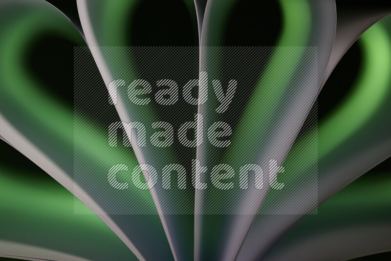 An abstract art piece displaying smooth curves in green and white gradients created by colored light
