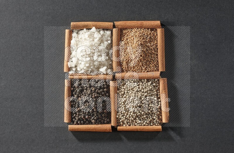 4 squares of cinnamon sticks full of black pepper, white pepper, white salt and mustard seeds on black flooring