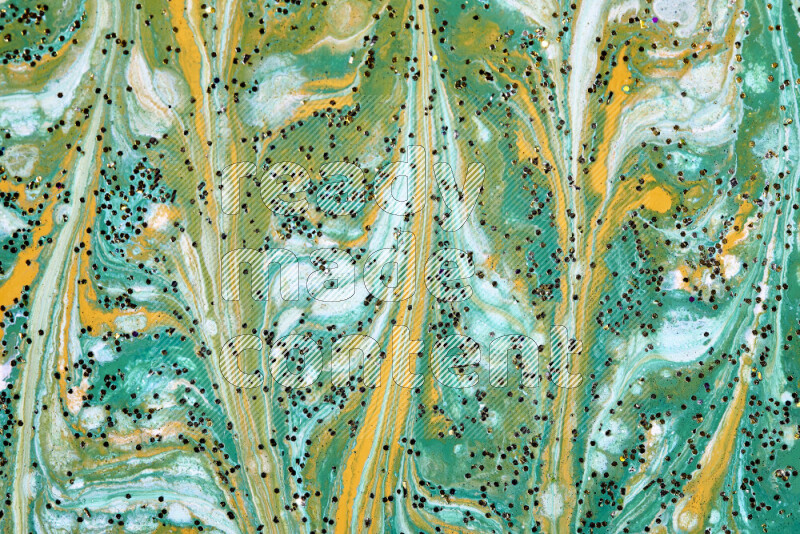 Abstract colorful background with mixed of green, white and gold paint colors with scattered gold glitter