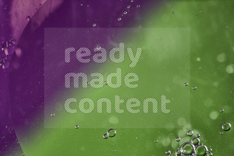 Close-ups of abstract oil bubbles on water surface in shades of green and purple