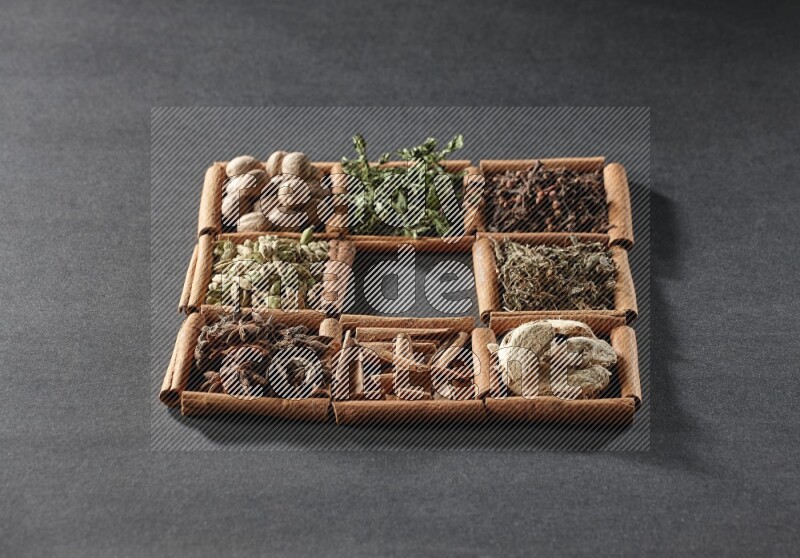 9 squares of cinnamon sticks, the middle square is empty and surrounded with dried mint, dried ginger, cardamom, star anise, cinnamon, nutmeg, dried basil and cloves on black flooring