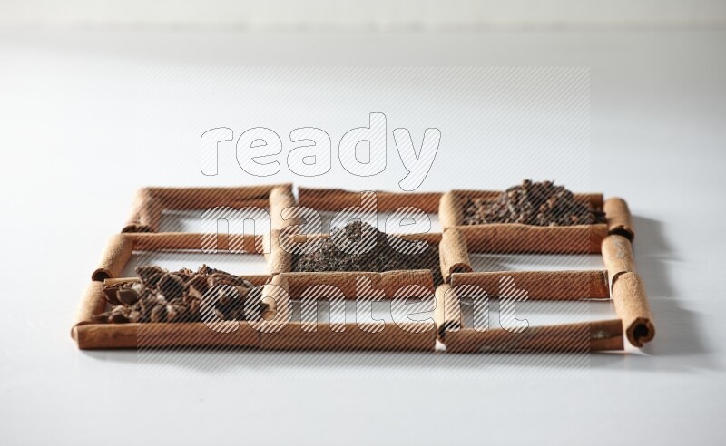 9 squares of cinnamon sticks full of tea in the middle surrounded by nutmeg, dried mint, cloves, dried basil, dried ginger, cinnamon, star anise and cardamom on white flooring