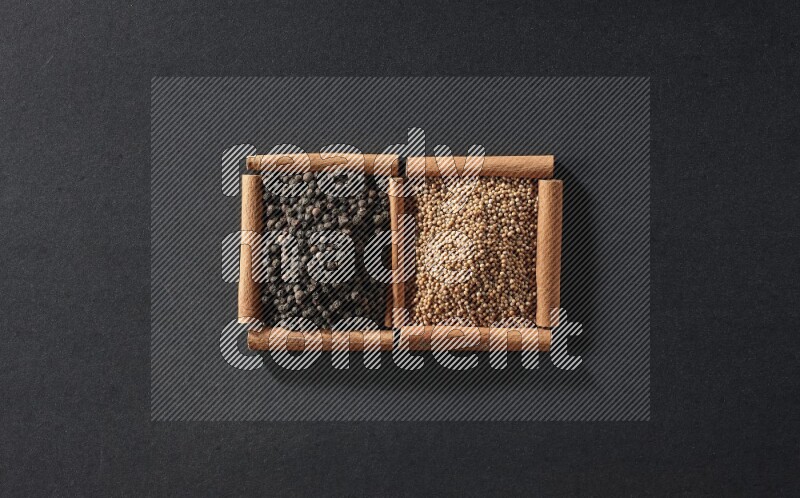 2 squares of cinnamon sticks full of mustard seeds and black peppers on black flooring